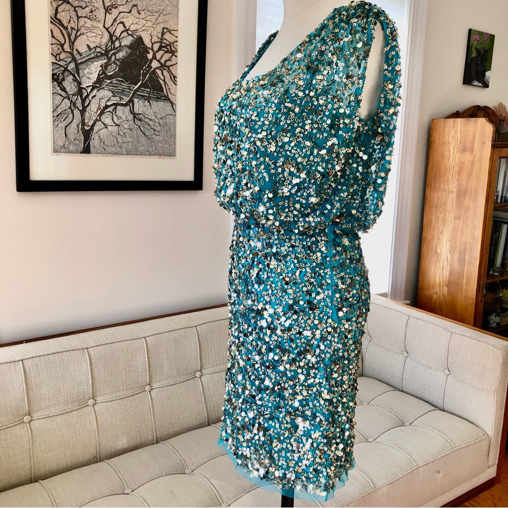 Aidan Mattox Teal Cocktail Dress with Gold Sequins - Picture 11 of 13